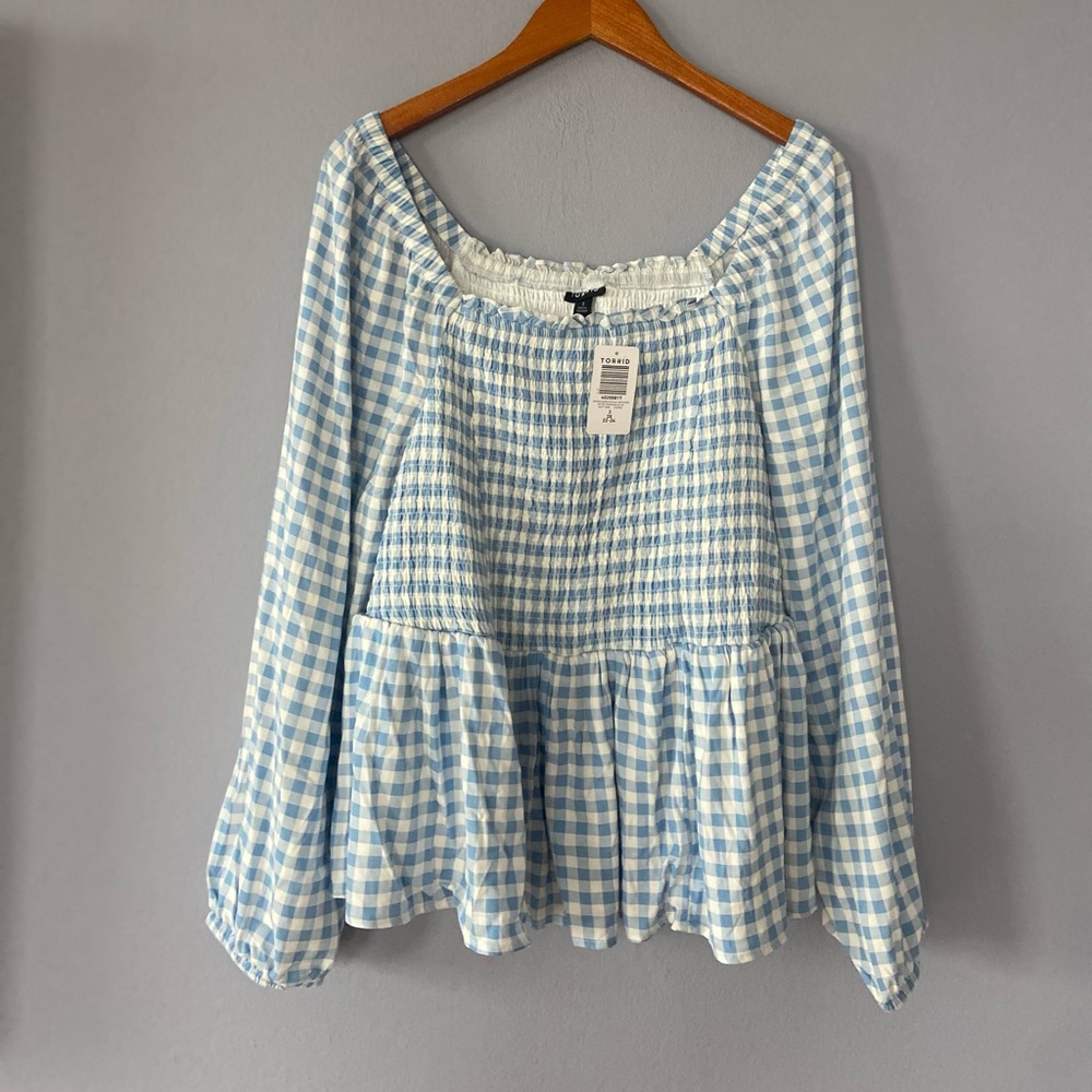 Torrid Rayon Slub Smocked Bodice Long Sleeve Crop Top Blue Gingham Size 3X - Picture 3 of 9